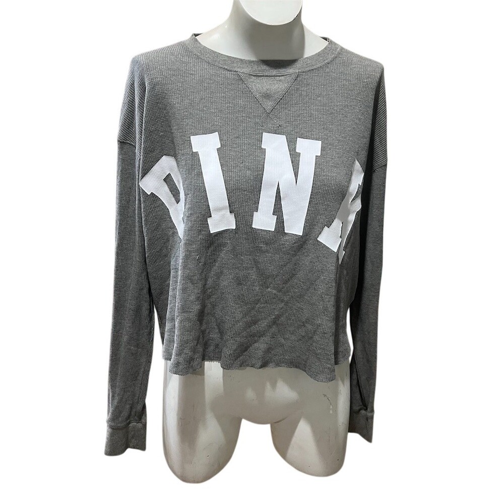 Victoria's Secret PINK Top Womens Size M Gray Waffle Knit Thermal Logo
